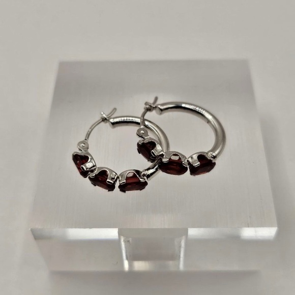 10k White Gold Genuine Garnet Hoop Earrings - Picture 5 of 6